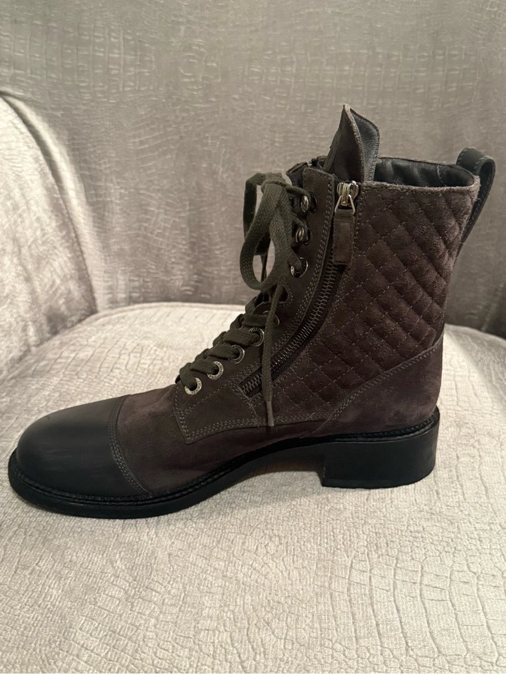 CHANEL G33769 Dark Gray Quilted Suede CC Combat Boots 41.5